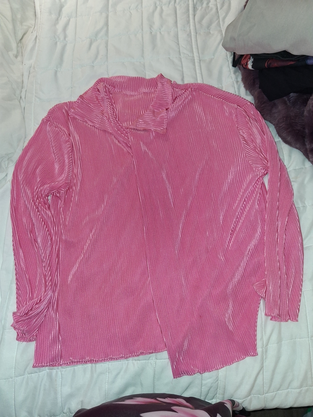 Women's Pink Pleated Long-Sleeve Blouse with Mock Neck